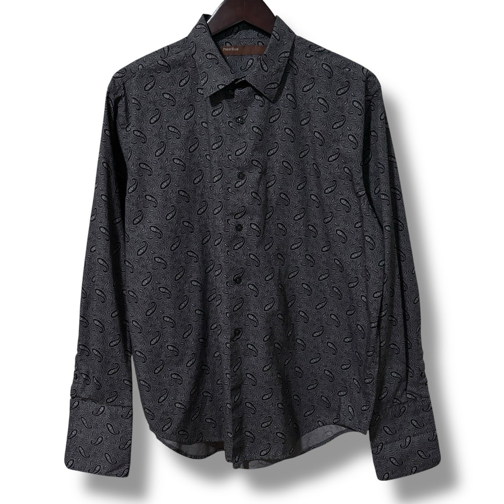 Perry Ellis Men's Paisley Button Down Casual Dress Shirt Gray Size XL 24 x 29.5